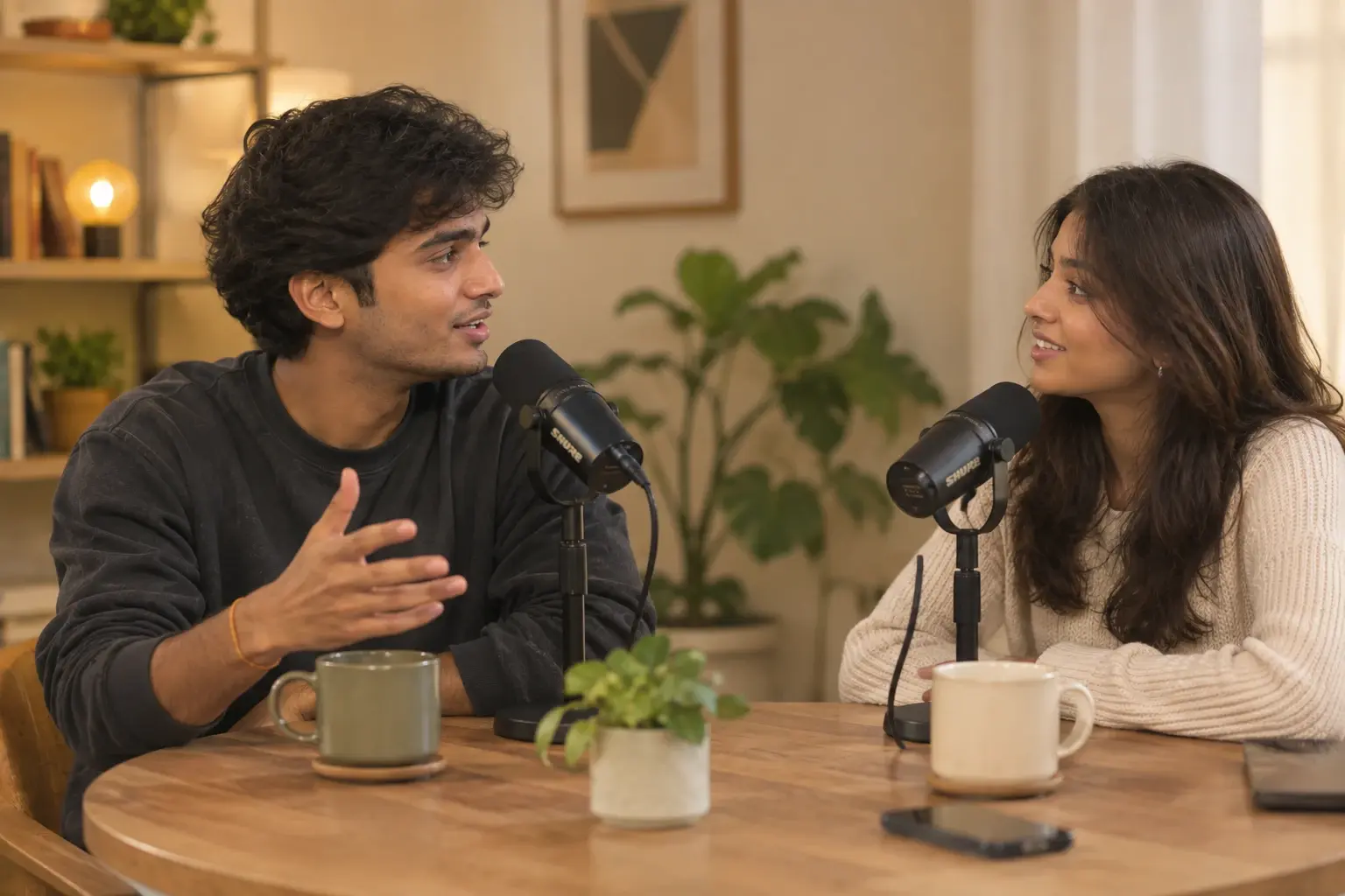 Two people recording a podcast